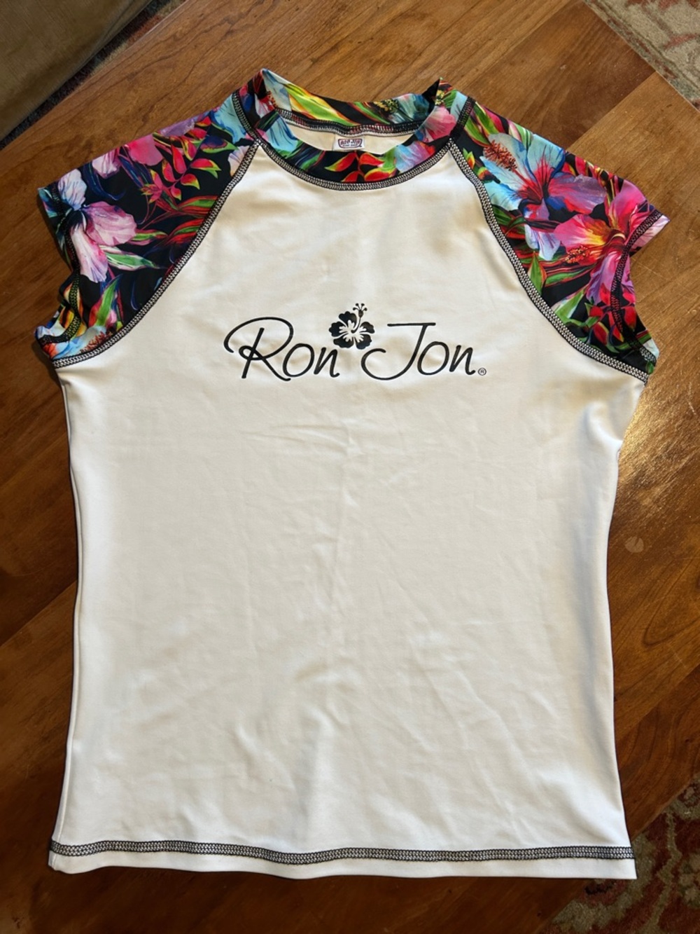Ron Jon White Rash Guard Top with Multicolor Floral Raglan Sleeves